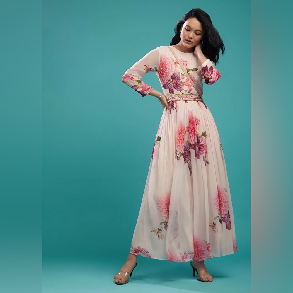 New Candy Pink Pleated Jumpsuit In Floral Print And Hand Embroidered Waist Belt